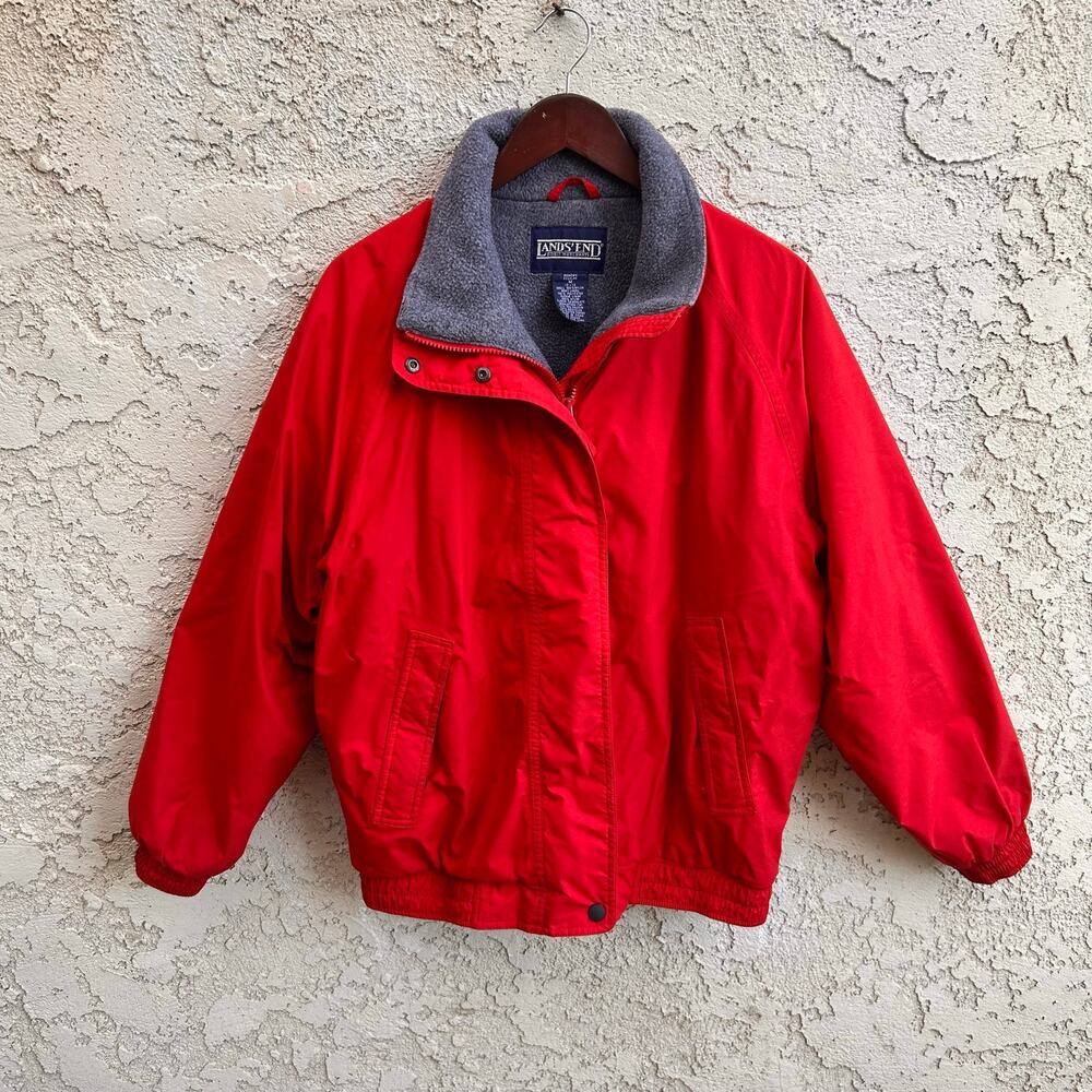 Vintage Lands’ End Fleece-Lined Red Bomber Jacket Size Womens Medium